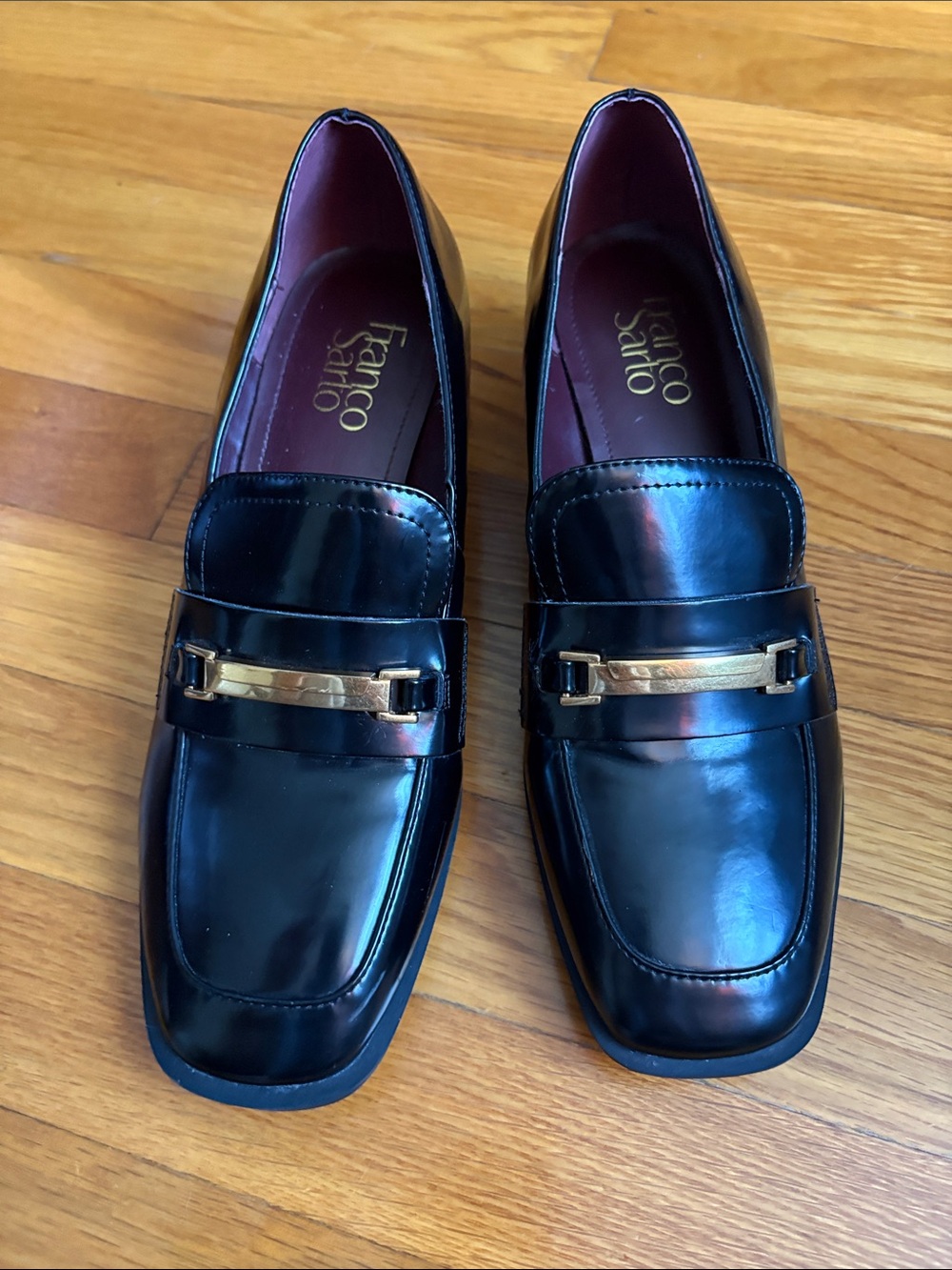Franco Sarto Black Patent Leather Loafers with Gold Bit